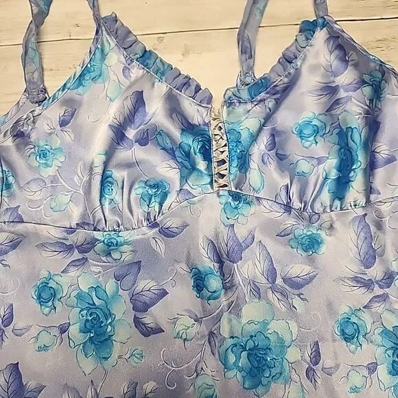 VTG 90sExpressions California Dynasty Blue Satin Floral Strappy Slip Dress Sz M - Picture 7 of 14